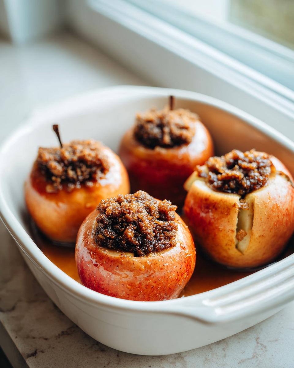 Four perfectly baked apple desserts topped with brown sugar crumble sitting in a white baking dish.