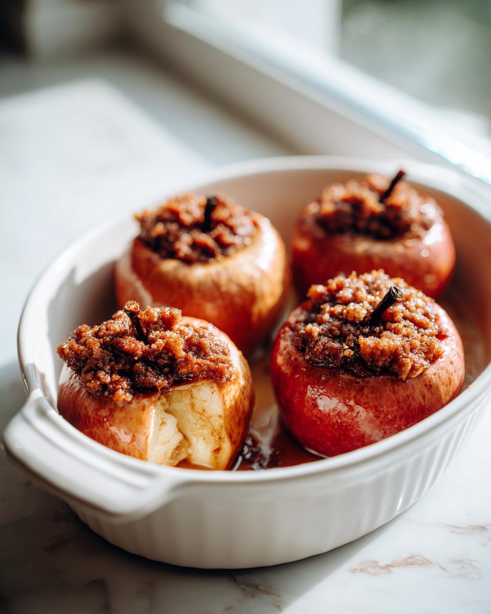 Four freshly baked apple desserts topped with brown sugar crumble, sitting in a white baking dish.