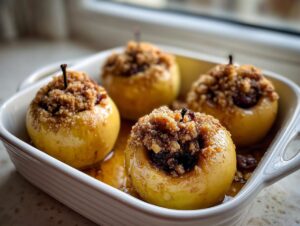 Four golden baked apple desserts topped with brown sugar crumble sitting in a white baking dish.