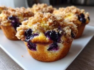 Close-up of moist blueberry muffins topped with a generous brown sugar streusel topping.
