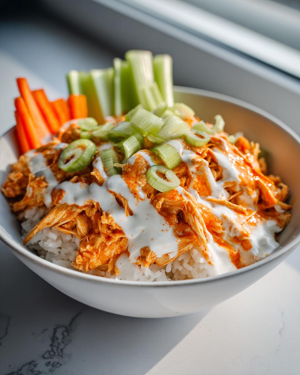 A close-up of an amazing buffalo chicken bowl featuring shredded chicken tossed in orange sauce over white rice, drizzled with ranch, and topped with green onions.
