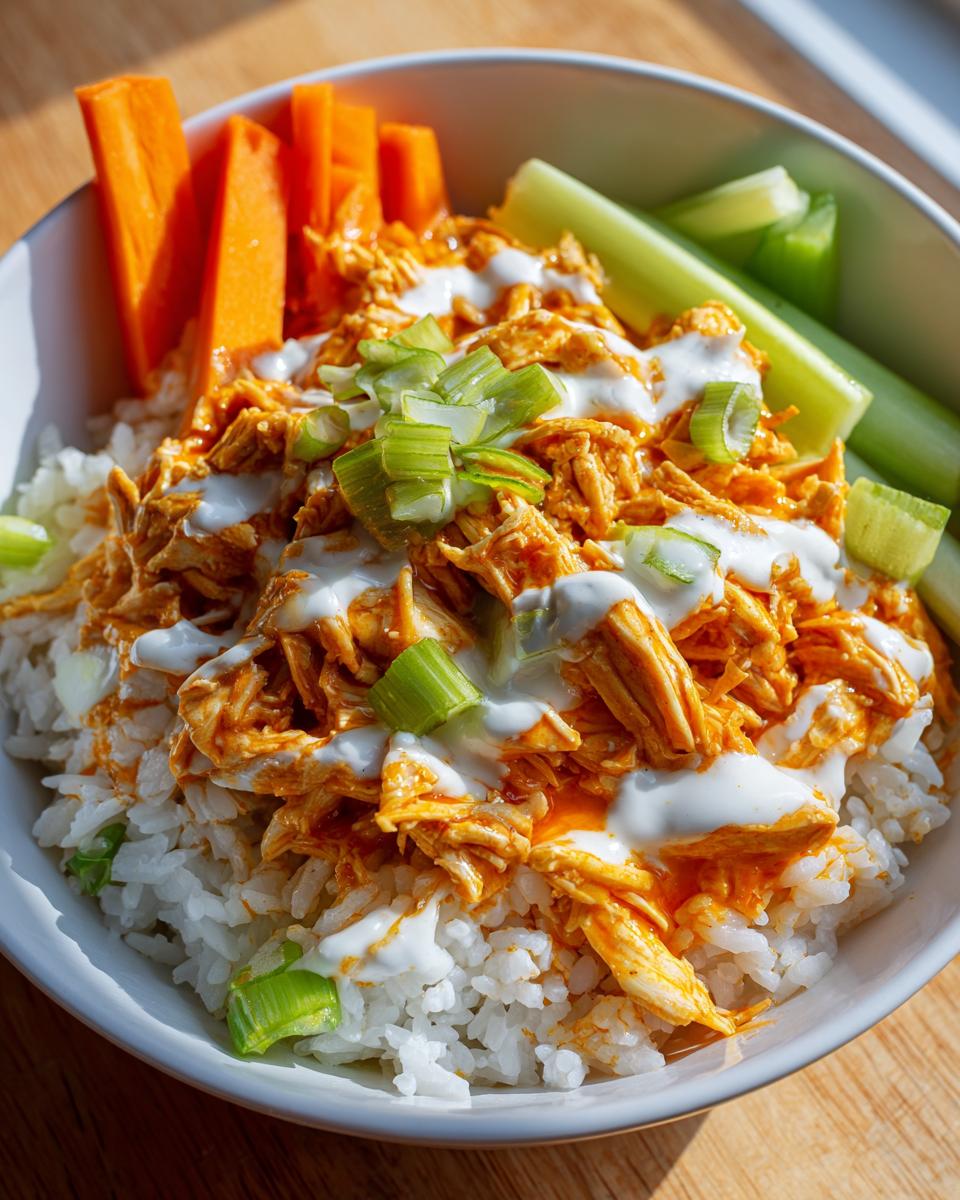 A close-up of a white bowl filled with white rice topped with shredded buffalo chicken, drizzled with ranch, and garnished with green onions, carrots, and celery.