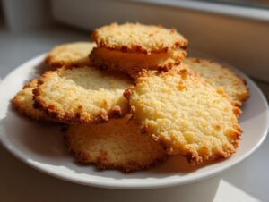 A stack of golden brown, slightly crispy 110-calorie butter cookies resting on a white plate near a window.