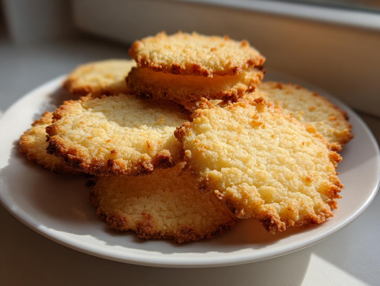 A stack of golden brown, slightly crispy 110-calorie butter cookies resting on a white plate near a window.