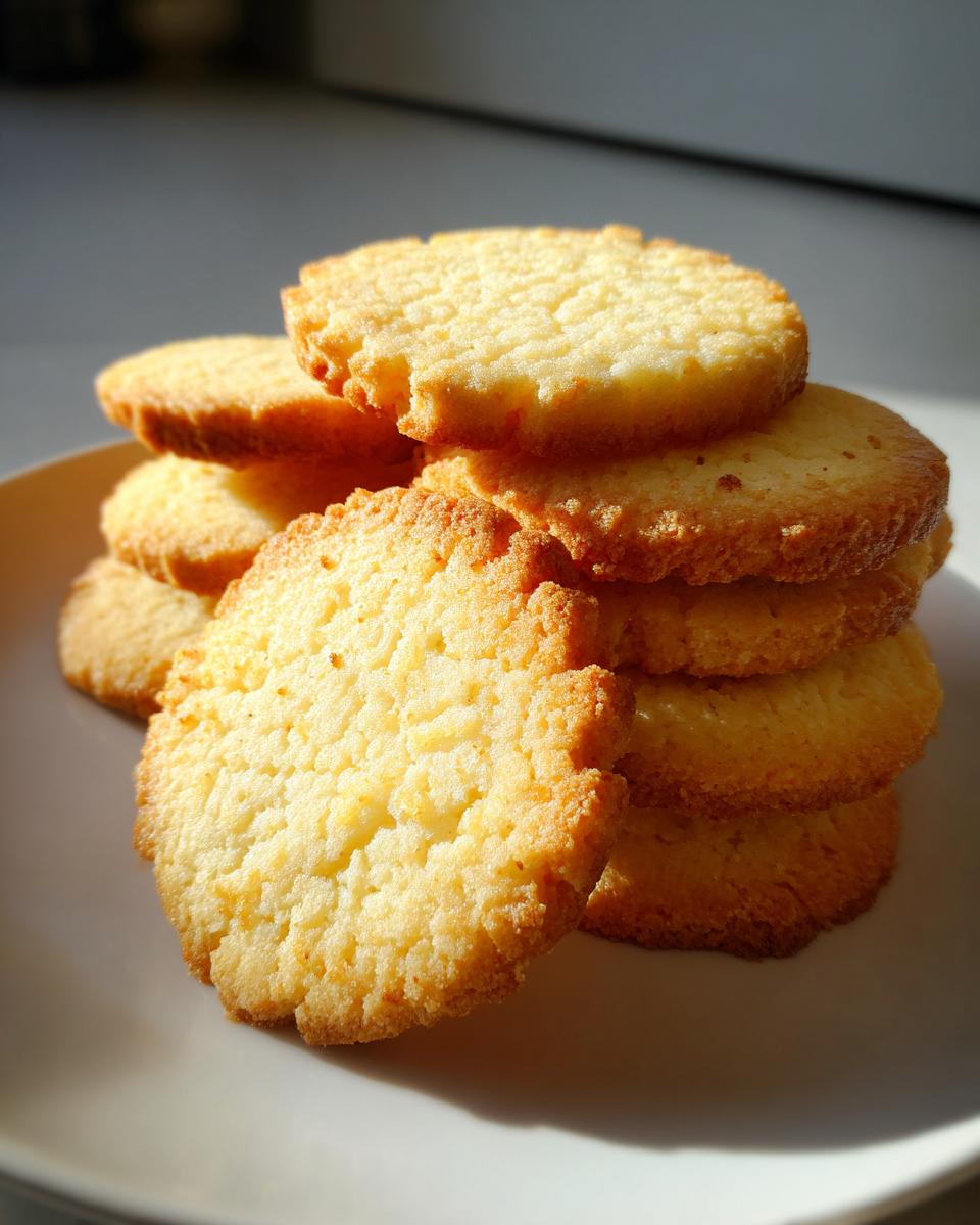 A tall stack of golden, round, low-calorie butter cookies resting on a white plate in bright sunlight.
