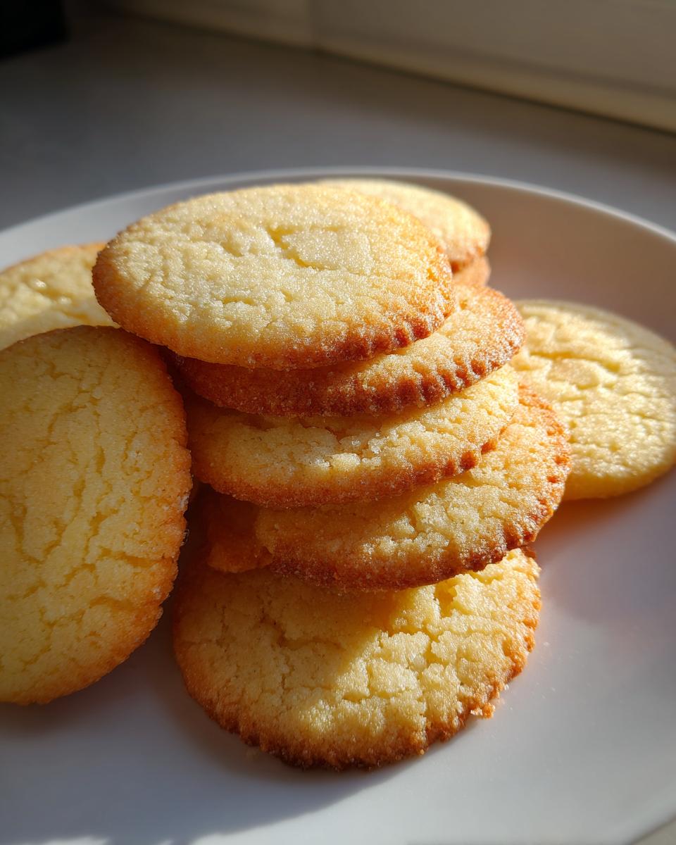 A stack of golden, slightly crisp-edged butter cookies piled on a white plate, highlighted by sunlight.