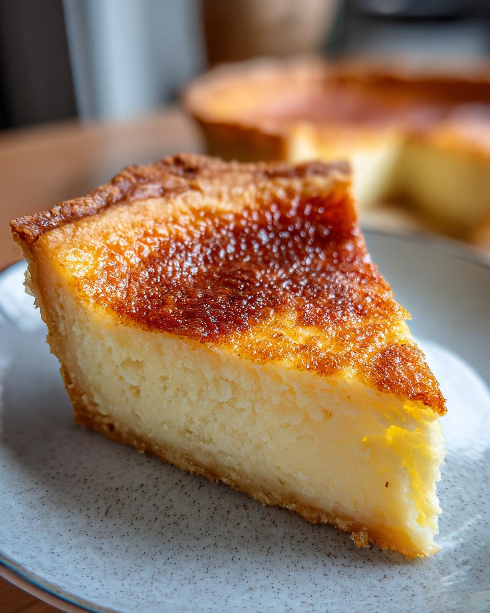Close-up of a thick slice of buttermilk pie showing the creamy yellow filling and a deeply caramelized, glossy brown top crust.