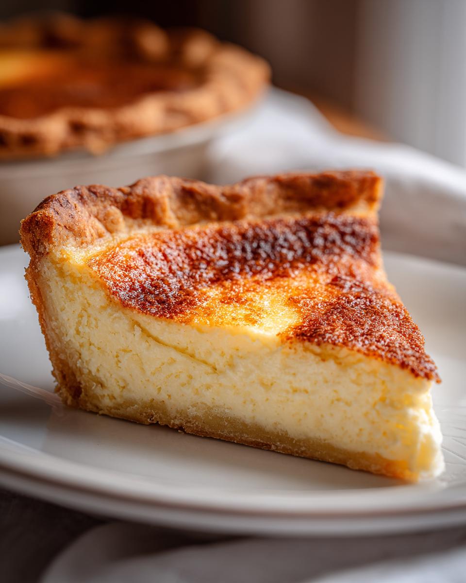 A close-up slice of amazing buttermilk pie showing a creamy yellow filling and a deeply browned, caramelized top.