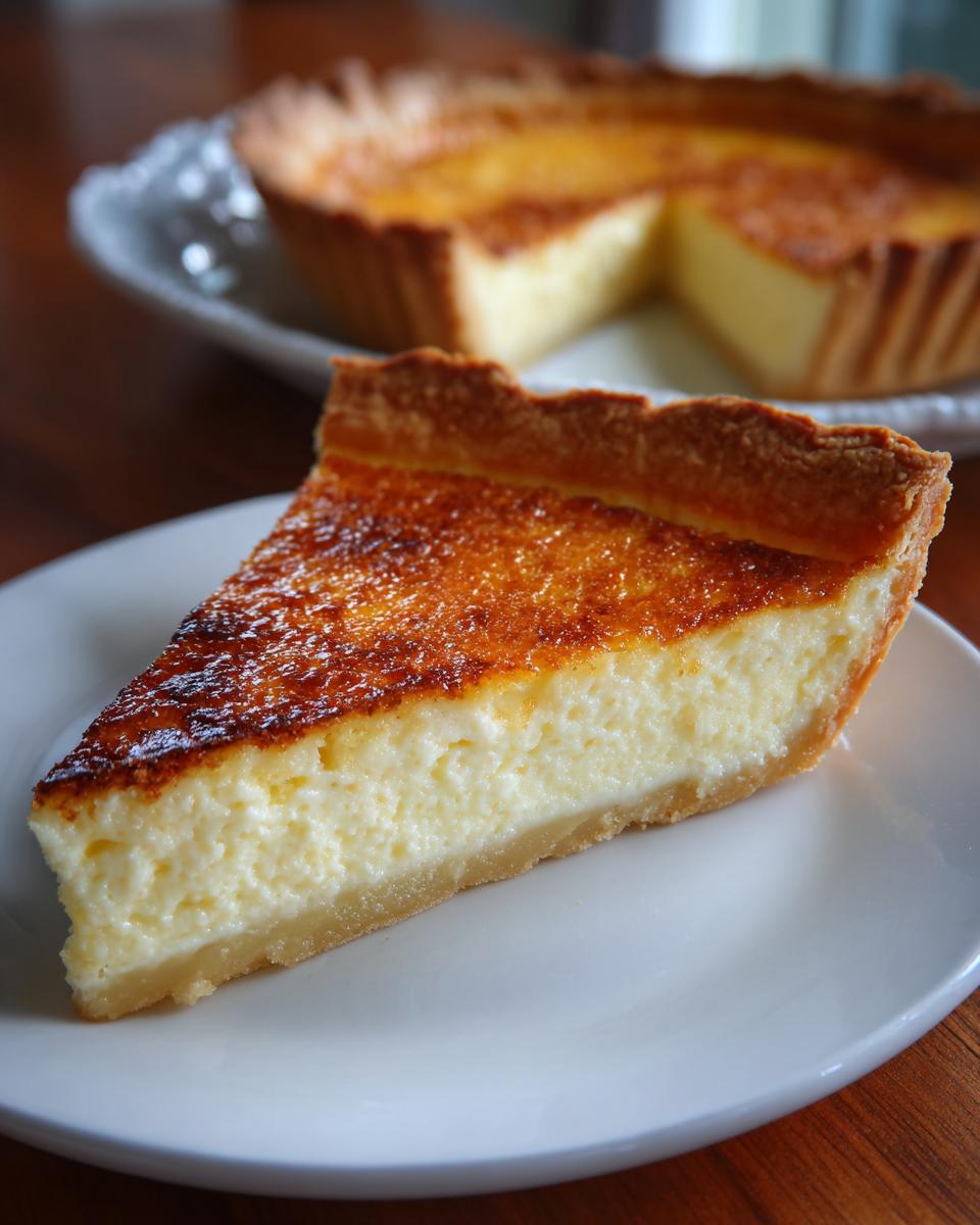 A close-up slice of amazing buttermilk pie with a creamy filling and deeply caramelized top crust.
