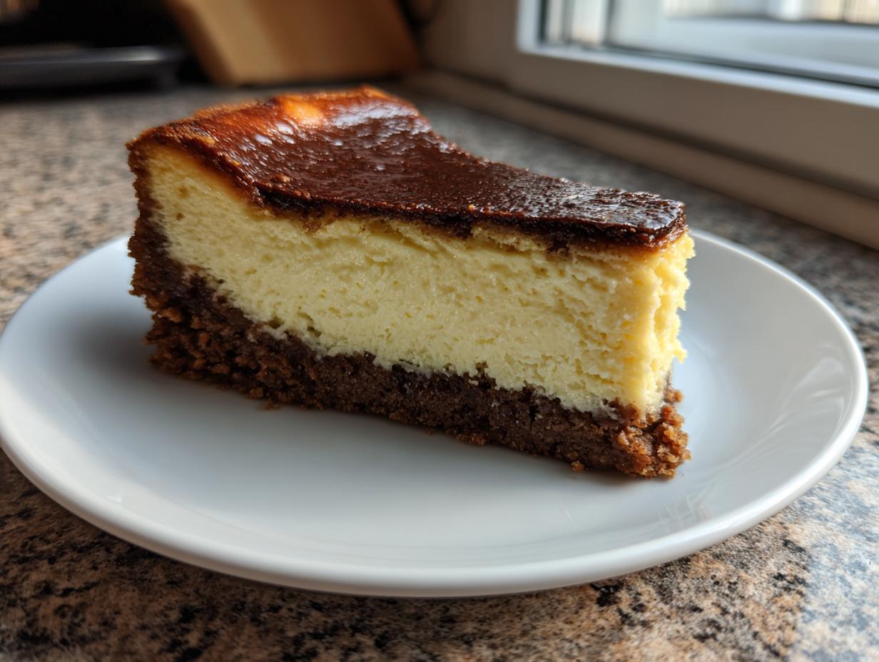 A perfect slice of baked cheesecake recipe featuring a creamy yellow filling and a dark chocolate crust, served on a white plate.