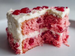 Close-up of a moist slice of pink cherry cake layered with white frosting and topped with glazed cherries.