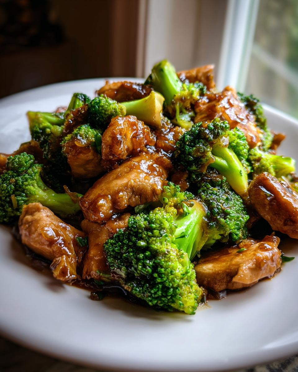 A close-up of tender pieces of chicken and bright green broccoli florets coated in a savory brown sauce, representing the amazing chicken and broccoli dish.