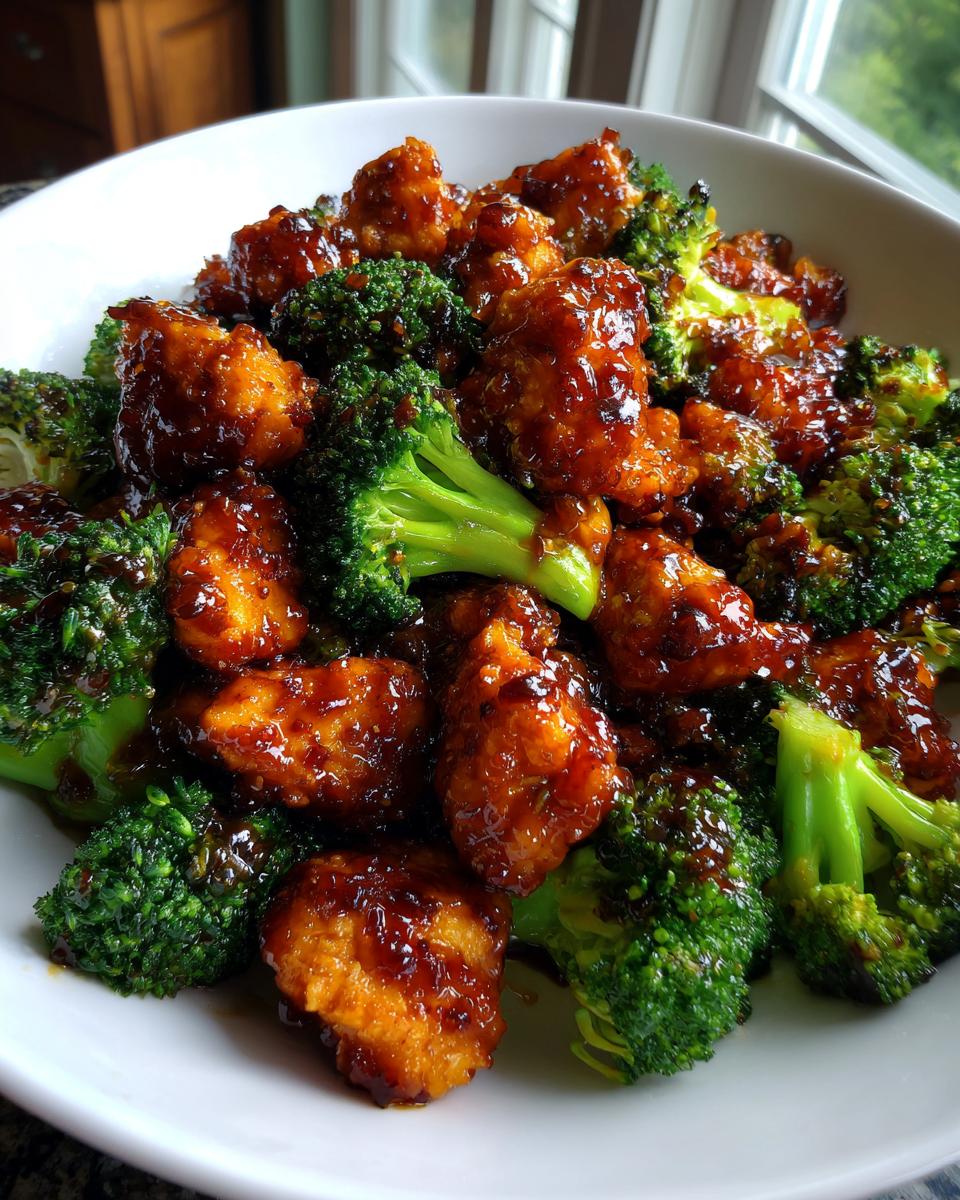Close-up of crispy, glazed chicken pieces mixed with bright green broccoli florets in a white bowl, featuring the main chicken and broccoli dish.