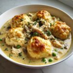 A close-up of homemade chicken and dumplings with shredded chicken, peas, and herbs in a creamy sauce.