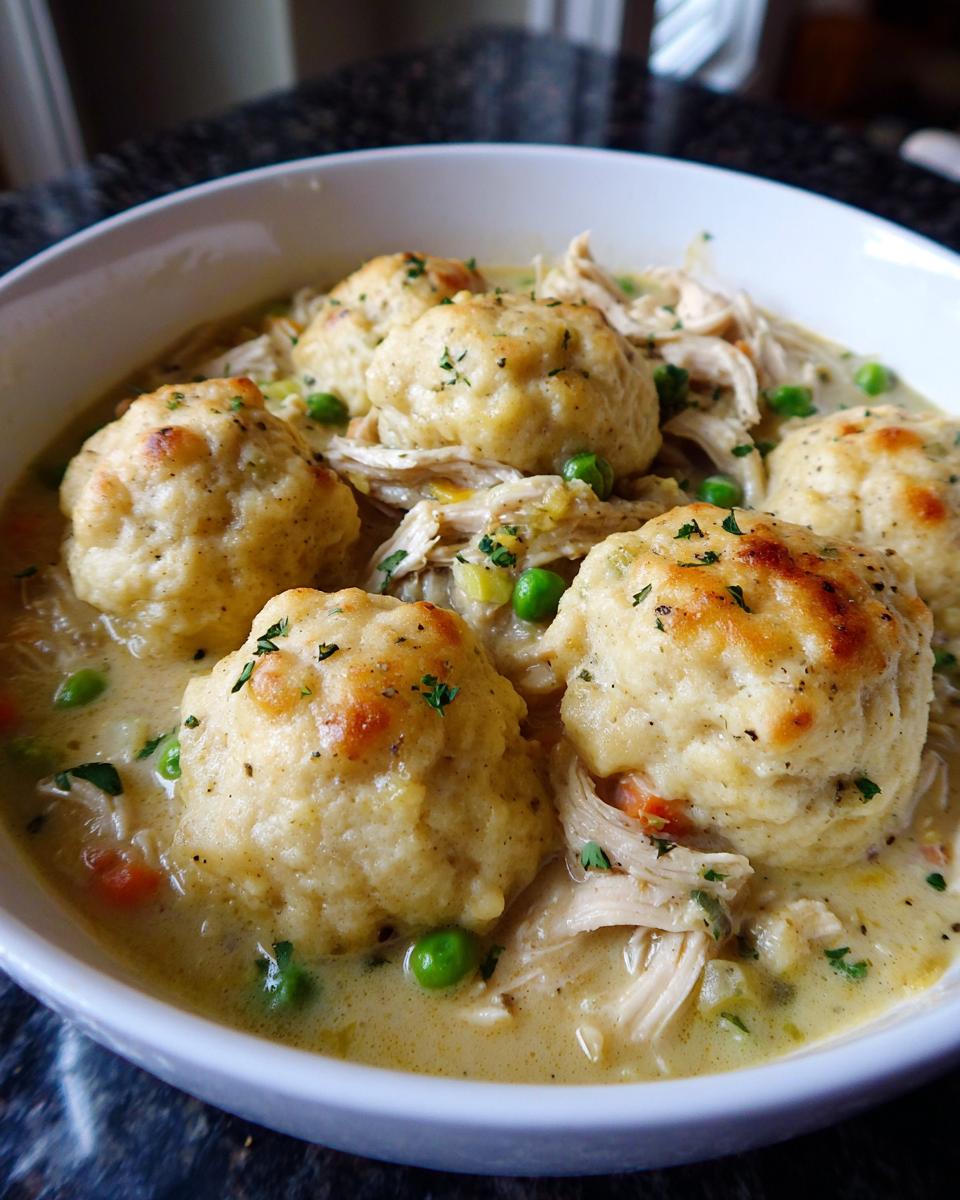 Close-up of fluffy, golden-brown dumplings nestled in creamy broth with shredded chicken and peas for amazing chicken and dumplings.
