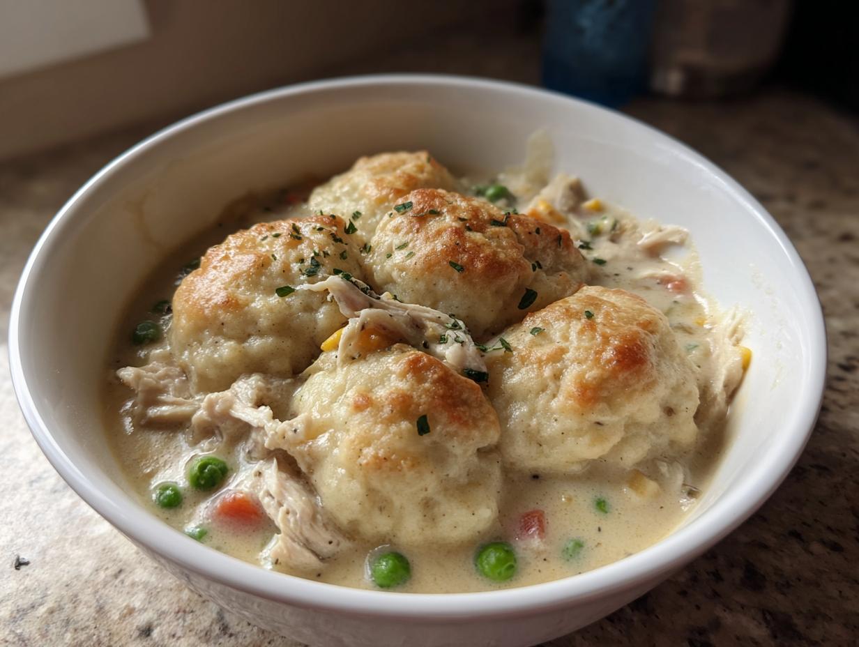 A close-up of a white bowl filled with creamy chicken and dumplings, topped with golden biscuits and parsley.