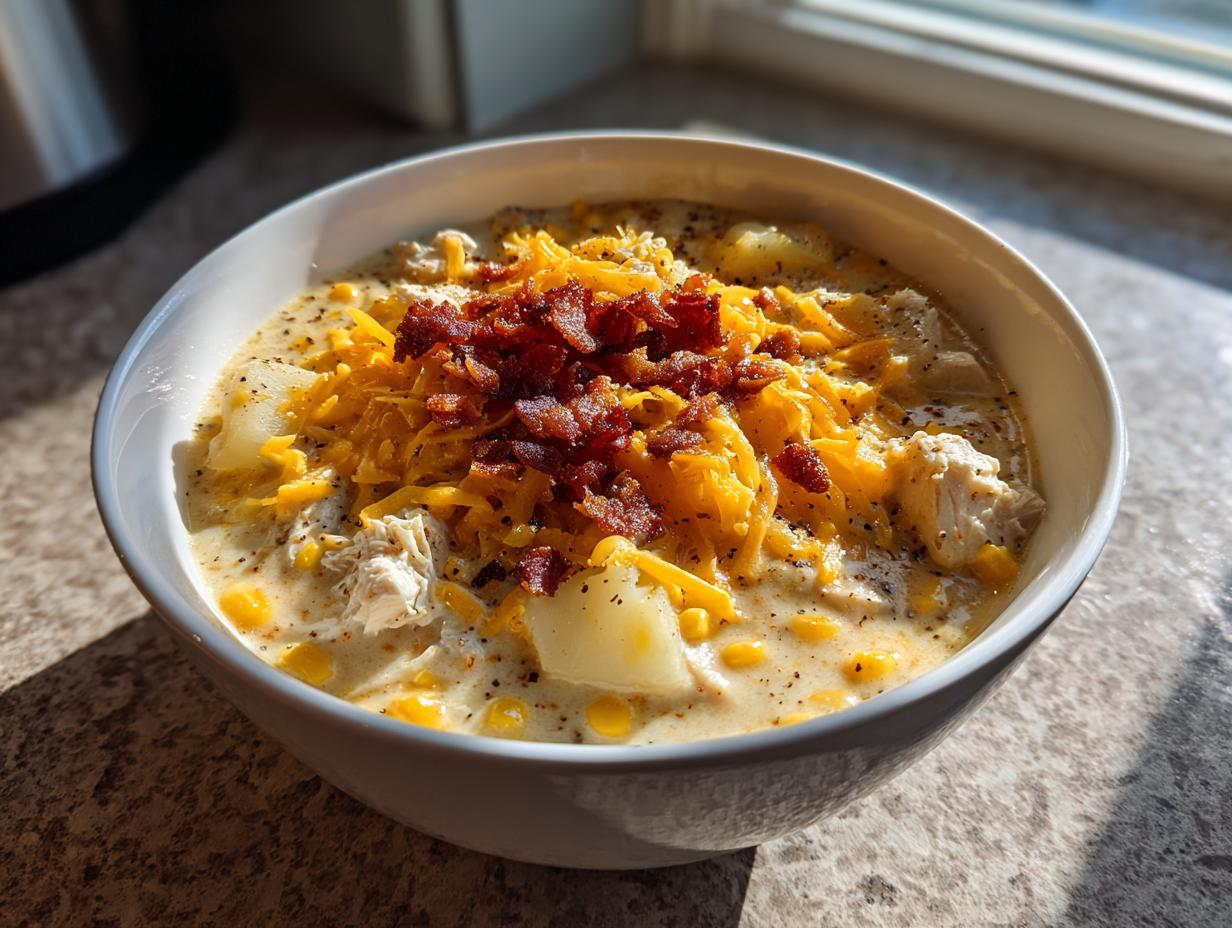 A close-up of a creamy bowl of chicken corn chowder topped with shredded cheddar cheese and crispy bacon bits.