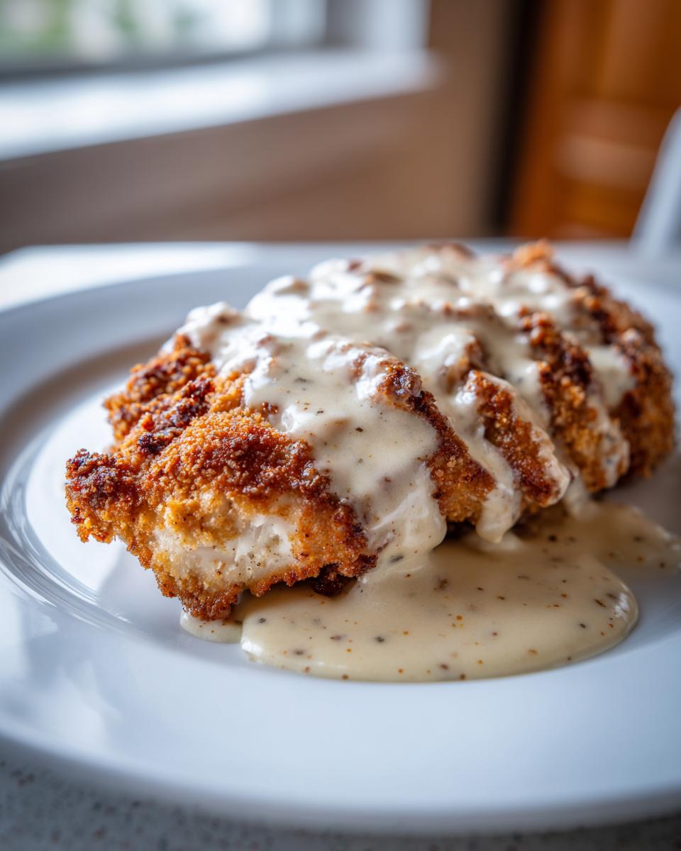 Close-up of a golden brown, crispy chicken fried steak smothered in creamy, peppered country gravy.