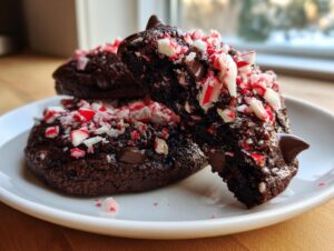Close-up of rich chocolate peppermint cookies topped with crushed candy canes on a white plate.