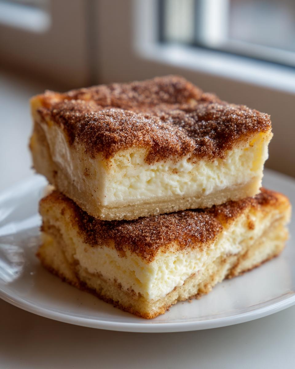 Two stacked squares of amazing churro cheesecake with a thick cream cheese layer and cinnamon sugar topping.