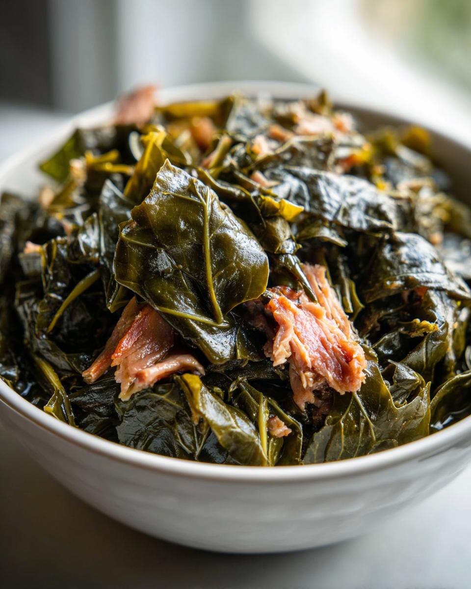 Close-up of tender, dark green collard greens cooked with pieces of smoked ham in a white bowl.