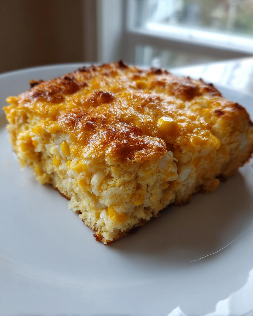 A close-up of a golden brown slice of moist corn casserole topped with melted cheese, featuring visible kernels of corn.