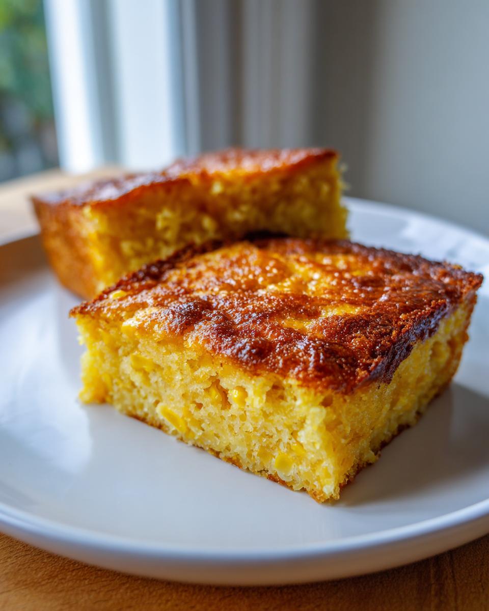 Two slices of moist, golden corn casserole served on a white plate, featuring visible kernels of corn.