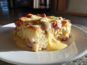 A single serving of amazing eggs benedict casserole, featuring bread, ham, and topped with rich hollandaise sauce.