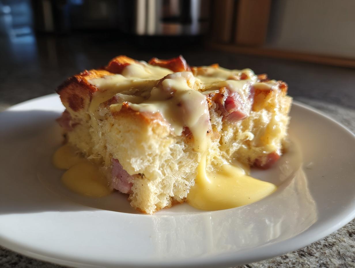 A single serving of amazing eggs benedict casserole, featuring bread, ham, and topped with rich hollandaise sauce.