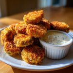 A pile of crispy, golden brown Fried Pickles served on a white plate next to a small ramekin of creamy dipping sauce.