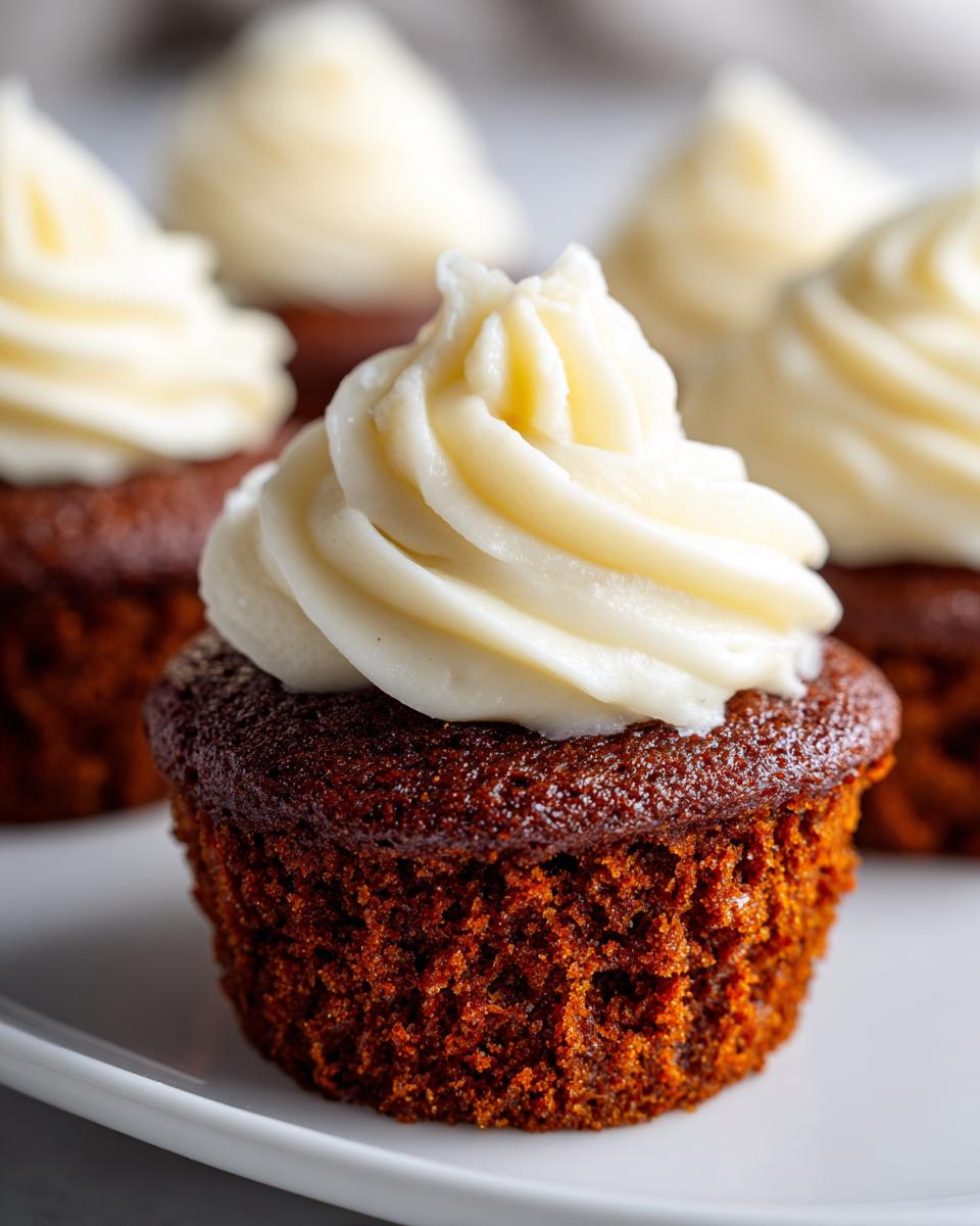 A close-up of one moist, dark brown gingerbread cupcake topped with a swirl of white cream cheese frosting.