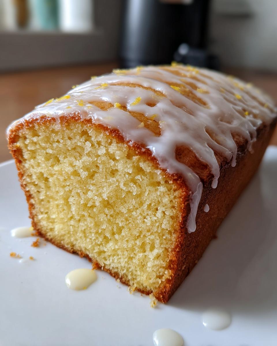A moist slice of homemade lemon loaf cake topped with white glaze and bright yellow lemon zest.
