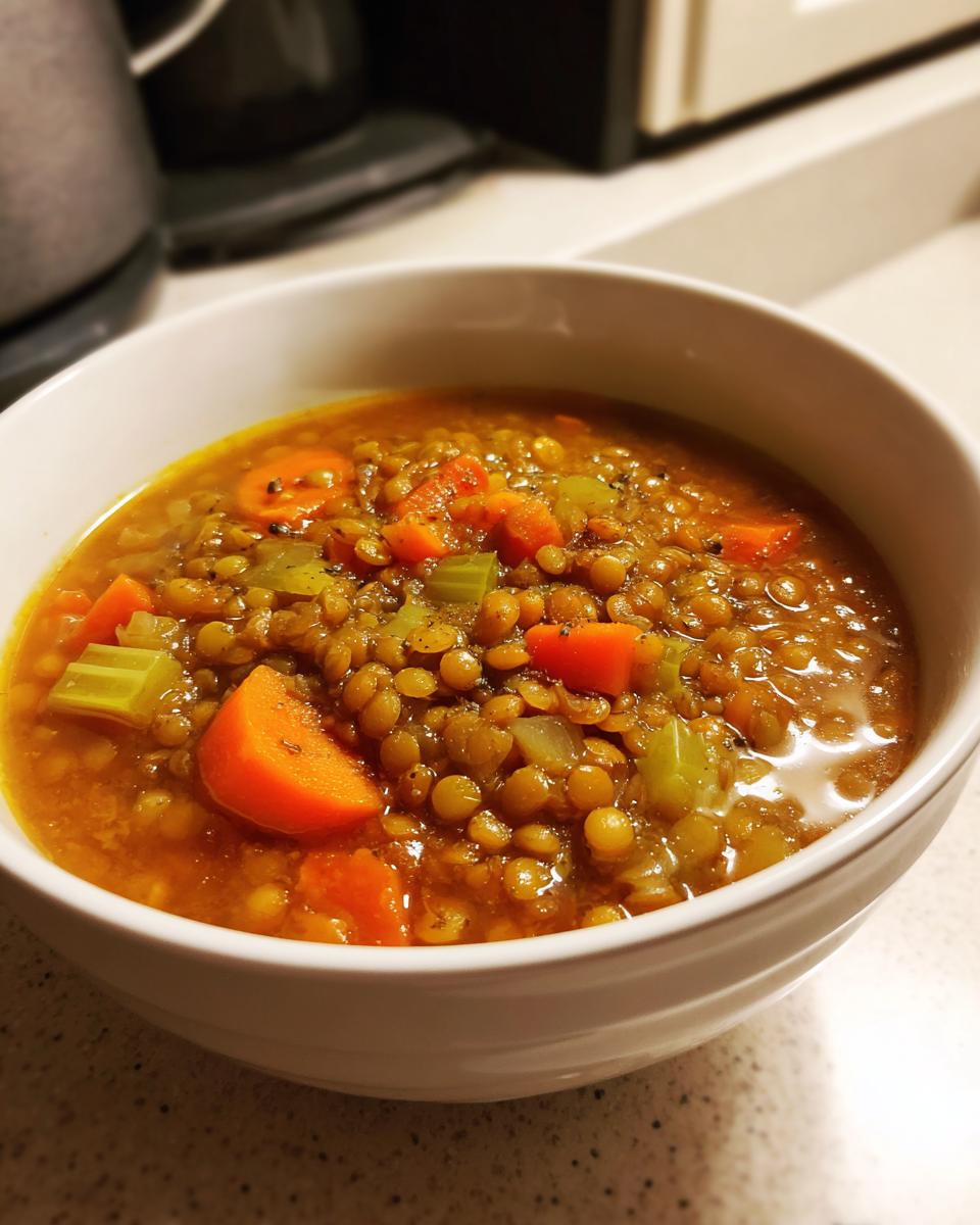 Close-up of a white bowl filled with amazing lentil soup, featuring visible lentils, carrots, and celery.