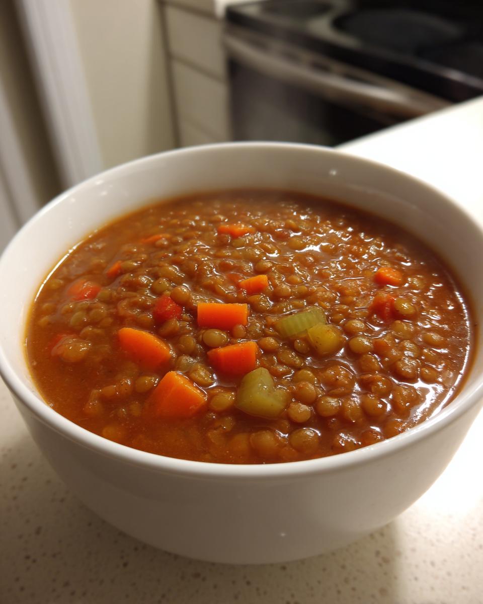 Close-up of a steaming white bowl filled with thick, rich lentil soup featuring visible chunks of carrots and celery.