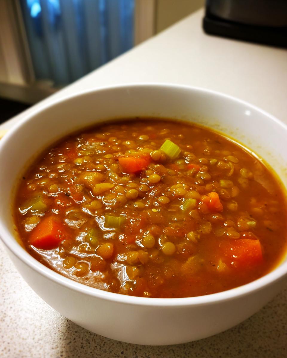 Close-up of a white bowl filled with thick, savory lentil soup containing visible chunks of carrots and celery.