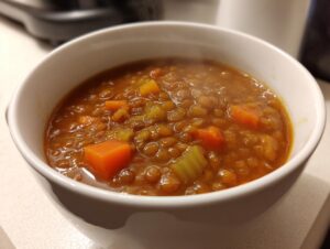 Close-up of a steaming white bowl filled with rich, brown lentil soup featuring visible chunks of carrots and celery.