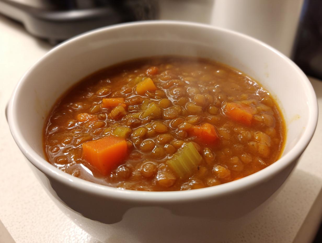 Close-up of a steaming white bowl filled with rich, brown lentil soup featuring visible chunks of carrots and celery.