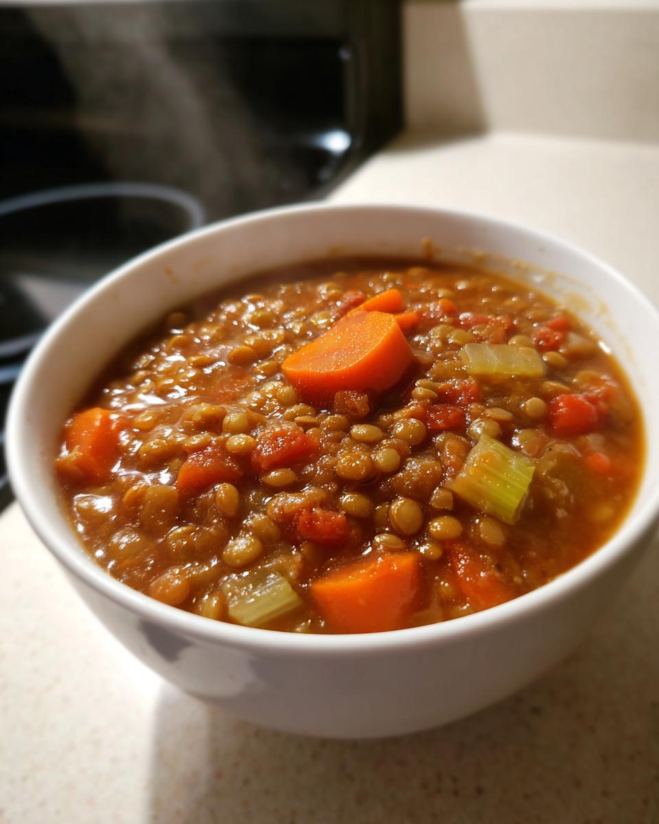 Close-up of a steaming white bowl filled with hearty lentil soup featuring visible lentils, chunks of carrot, and celery.