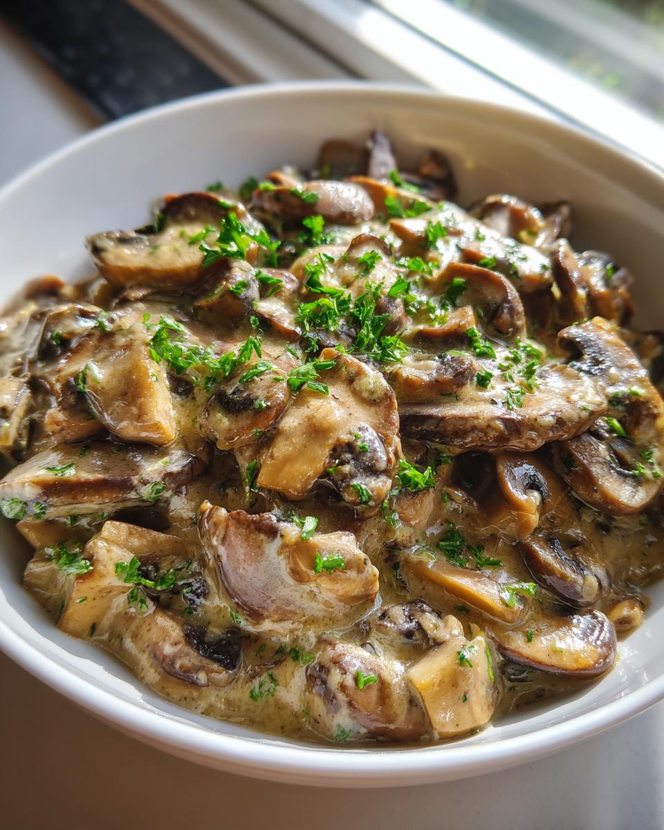 A close-up view of rich, creamy mushroom sauce loaded with sliced mushrooms and topped with fresh parsley.