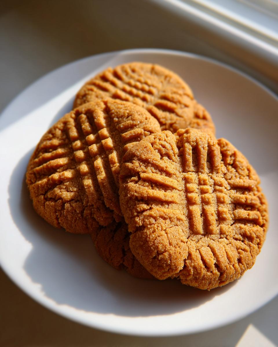 Close-up of three golden brown peanut butter cookies with classic criss-cross fork marks on a white plate.