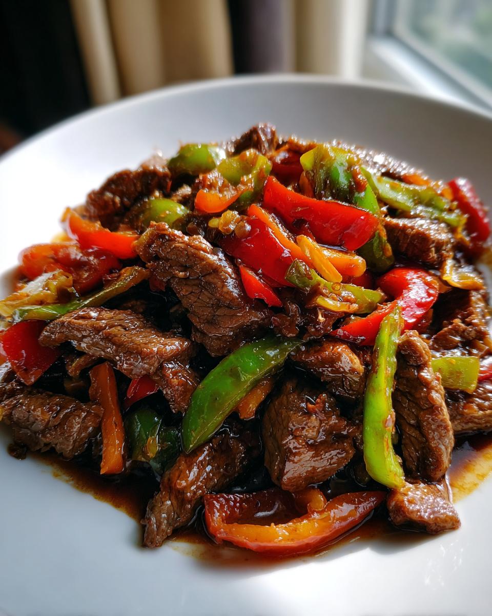 Close-up of tender beef strips coated in a savory sauce with bright red and green bell peppers, showcasing amazing pepper steak.