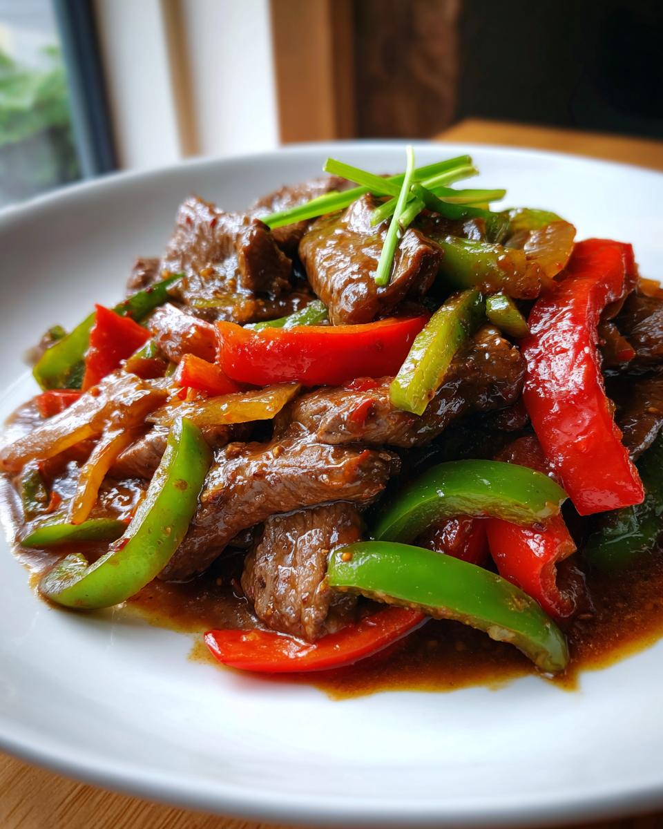 Close-up of amazing pepper steak stir-fry featuring tender beef strips and vibrant red and green bell peppers in a savory sauce.