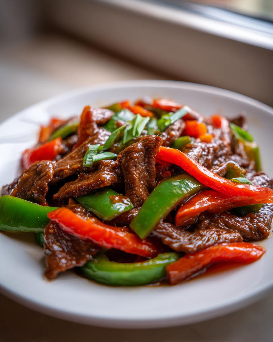 Close-up of savory pepper steak stir-fry featuring tender beef strips and vibrant red and green bell peppers.