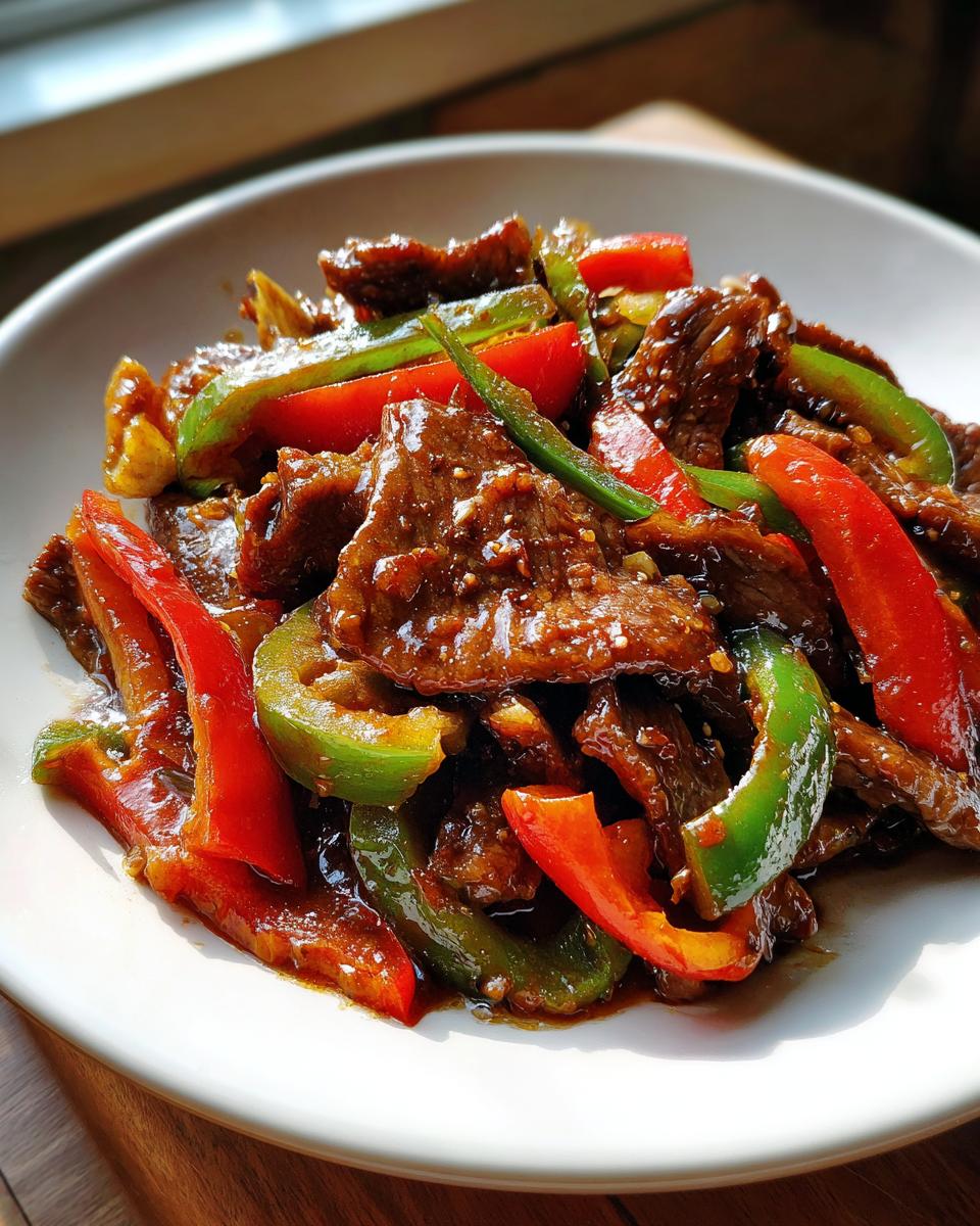 Close-up of amazing pepper steak stir-fry featuring glossy beef strips and vibrant red and green bell peppers.