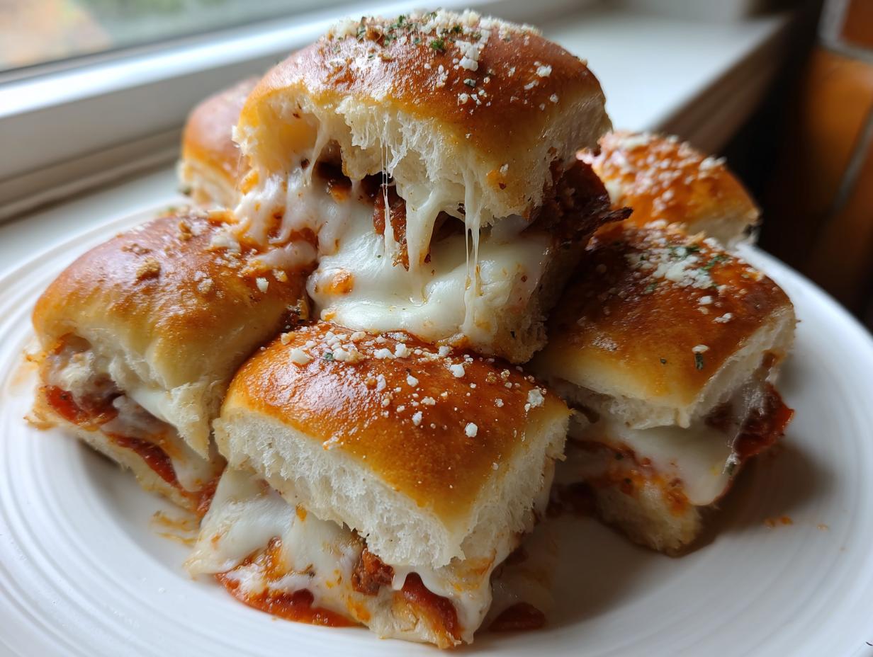 Close-up of gooey pizza sliders stacked on a plate showing a dramatic cheese pull between the buns.