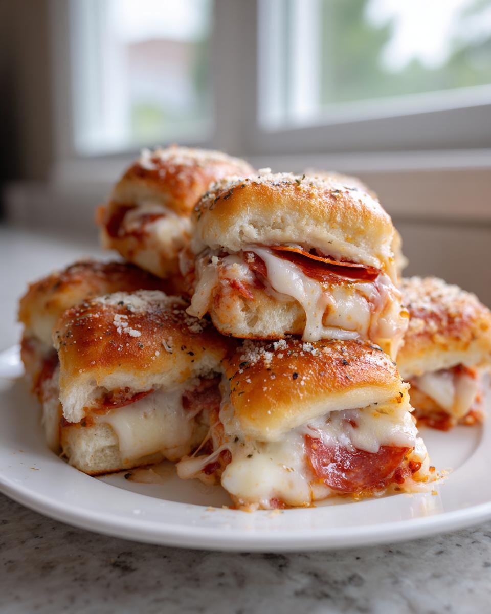 A stack of gooey, cheesy pizza sliders topped with Parmesan and herbs on a white plate.