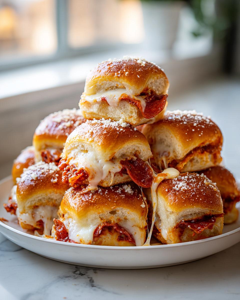 A stack of gooey, cheesy pizza sliders filled with pepperoni and topped with grated Parmesan cheese.