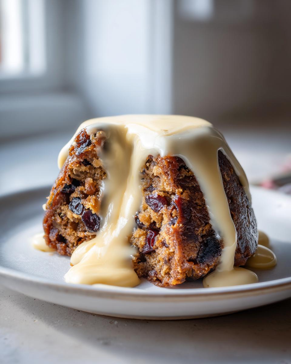A close-up of a rich, dark plum pudding cut open and generously topped with flowing vanilla custard sauce.