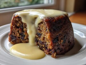 A close-up of a dark, rich plum pudding slice generously topped with flowing vanilla custard sauce.