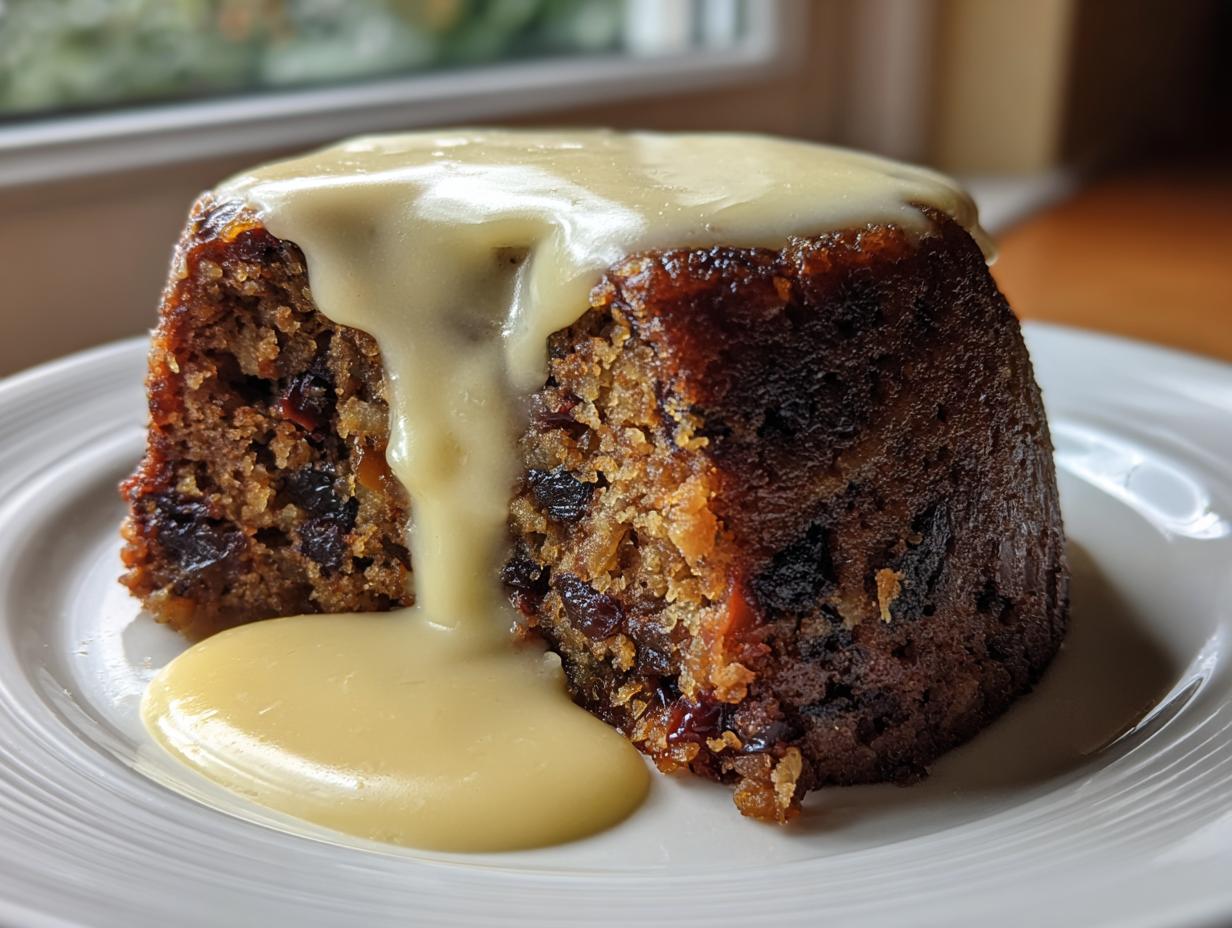 A close-up of a dark, rich plum pudding slice generously topped with flowing vanilla custard sauce.